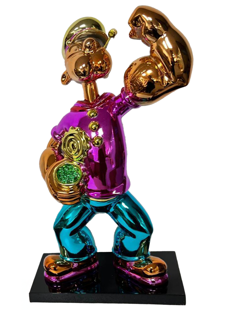 Pink Popeye Sculpture. With its mirror-polished chrome finish and vibrant electroplating, this sculpture transforms the iconic sailor into a modern statement of power and style. Limited Edition by Studio Pepito