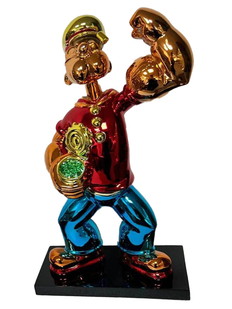 Popeye™ – Limited Edition Art Statement. With its mirror-polished chrome finish and vibrant electroplating, this sculpture transforms the iconic sailor into a modern statement of power and style. Studio Pepito
